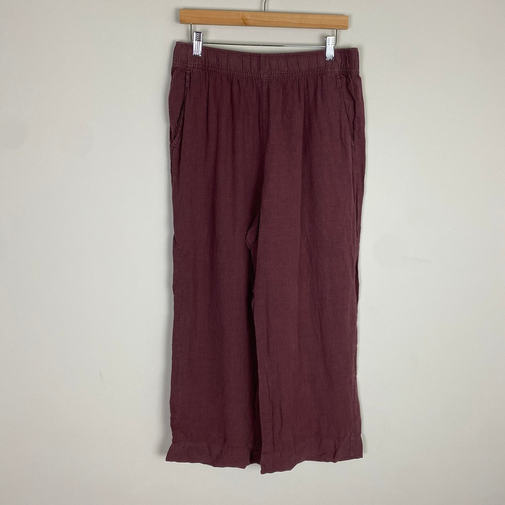 Tahari Linen Pants Wide Leg Womens Large Plum Elastic Waist Cropped Pull On